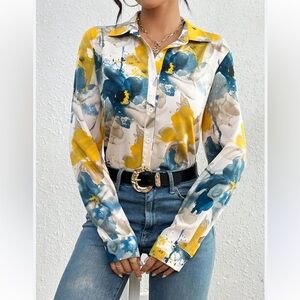 SHEIN Watercolor Floral Button-Down Shirt in Blue, Yellow & Gray